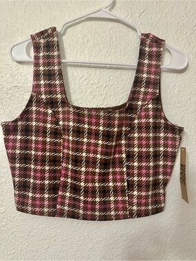Plaid Square-Neck Crop Top in Brown & Pink - Women